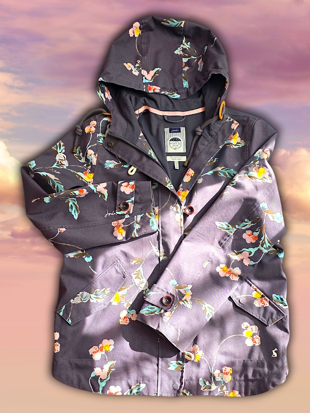 Joules Coast Floral Hooded Raincoat Jacket-Muted Blue Purple Floral Ladies sz 8